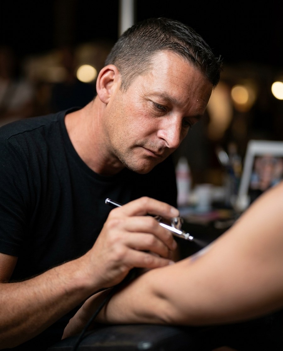 Christian appliquant un tatouage a l aerographe sur un avant-bras