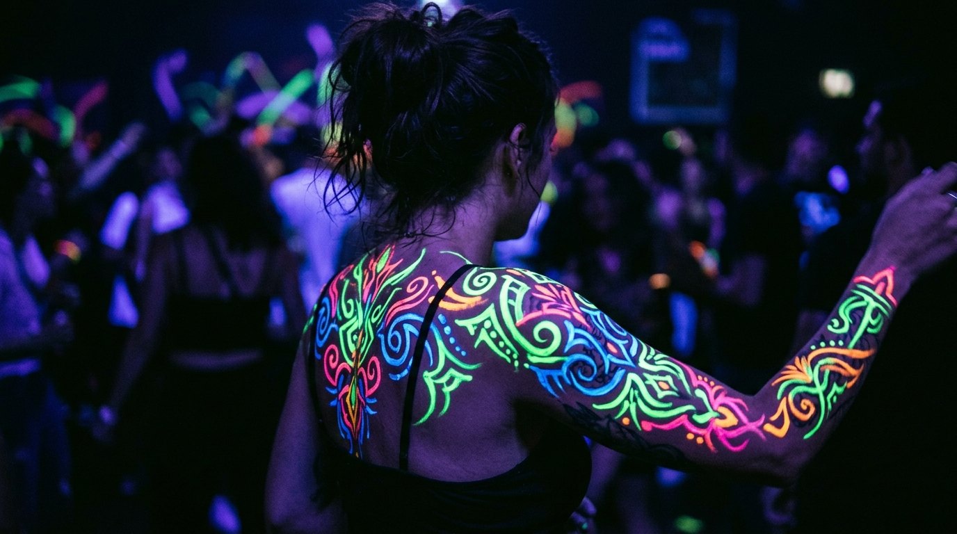 Body painting fluorescent sur bras et épaules